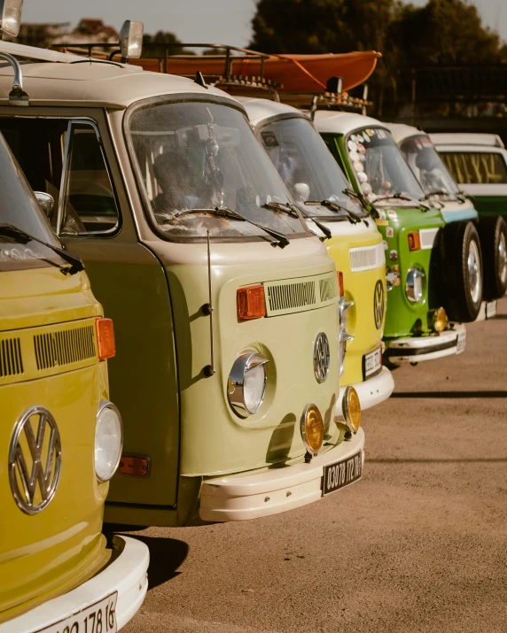 a row of volkswagen buses parked on top of a dirt field