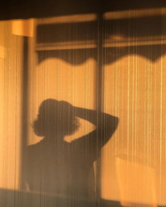 a silhouette of a person behind the bars of a curtain