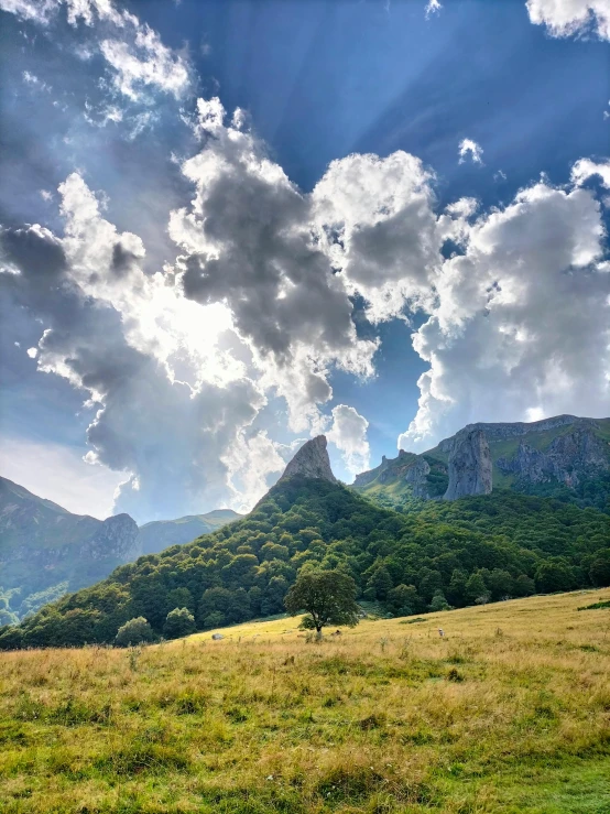 the sky and clouds above a grassy field