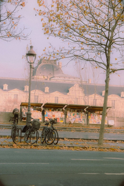 a row of bikes parked in front of a lamppost