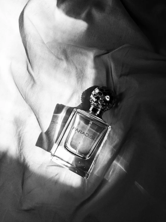 black and white pograph of an perfume bottle