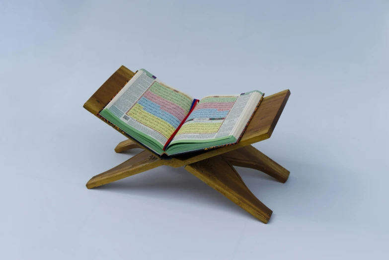 a wooden stand with an open book on it
