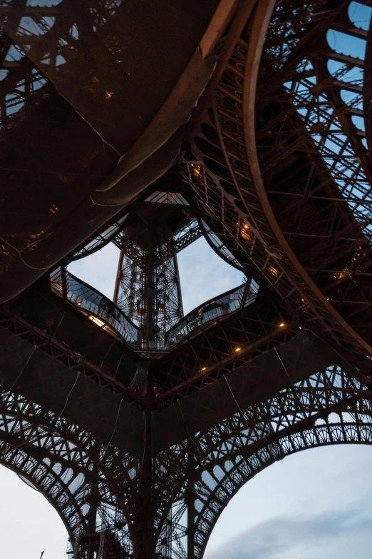 looking through the bottom section of an ornate tower