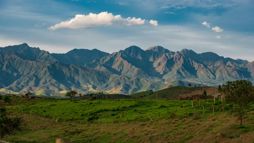 a green field with mountains in the background