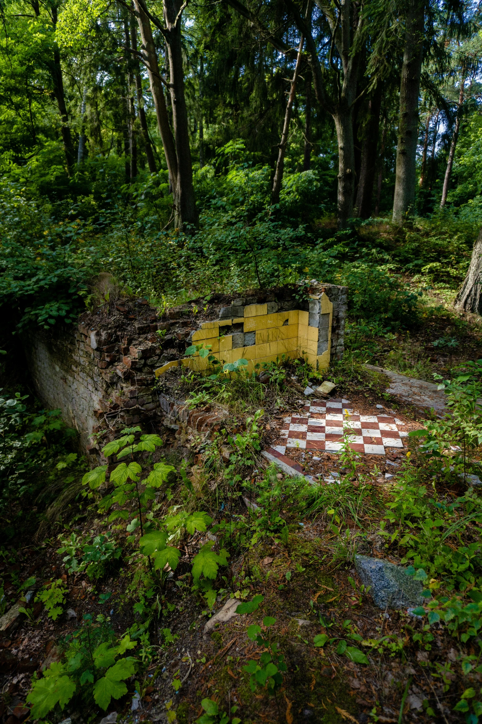 a yellow building in the middle of a forest