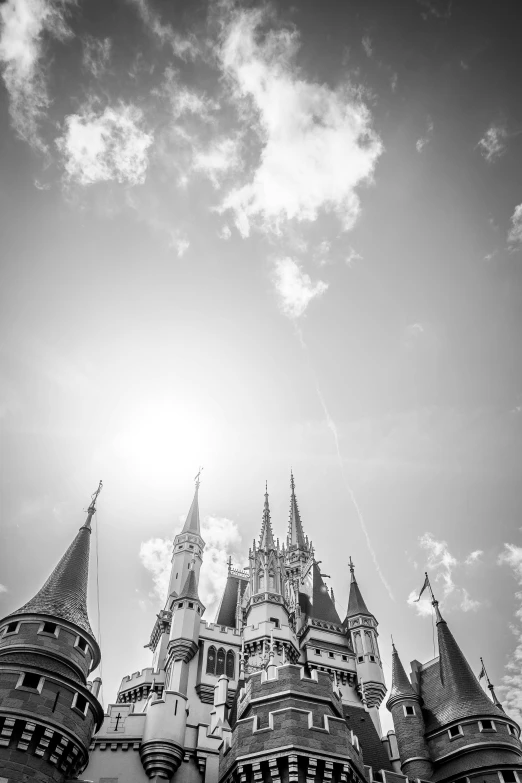 a very big beautiful castle with some kites flying