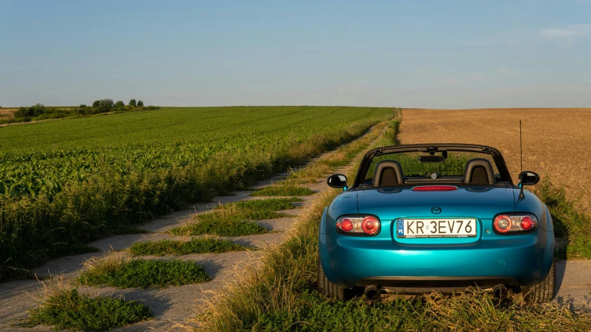 a blue convertible car in front of a field of wheat