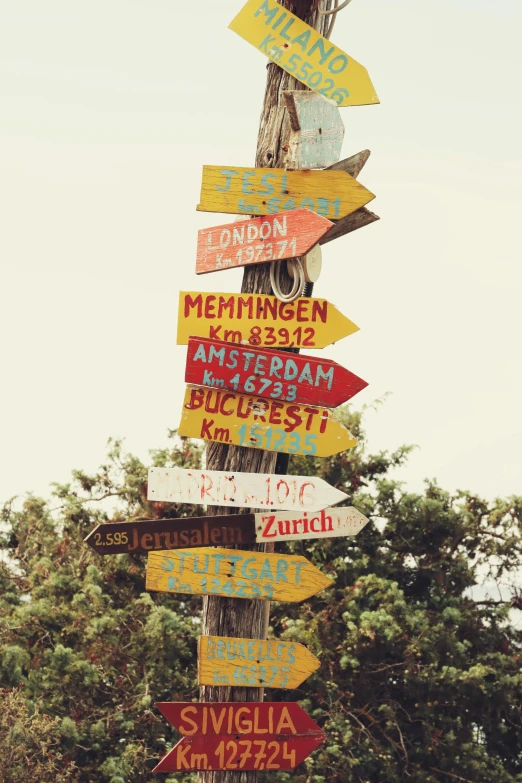 a pole with many signs in various colors