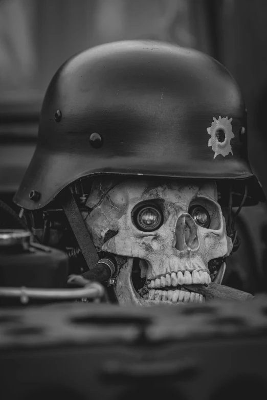 there is a skull wearing a helmet that has a gun in it