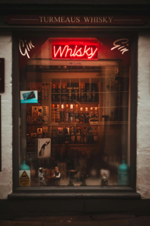 the window of a bar has an image of whiskys and liquor bottles in it