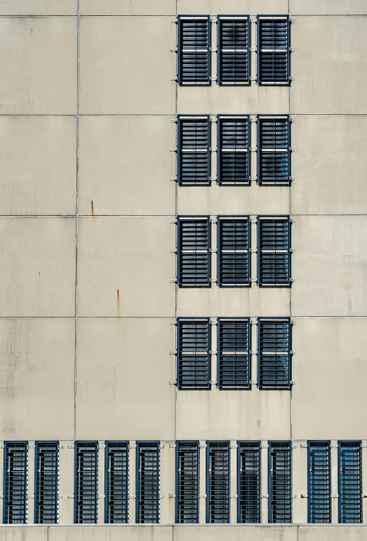 a bunch of windows with white bricks and blue shutters