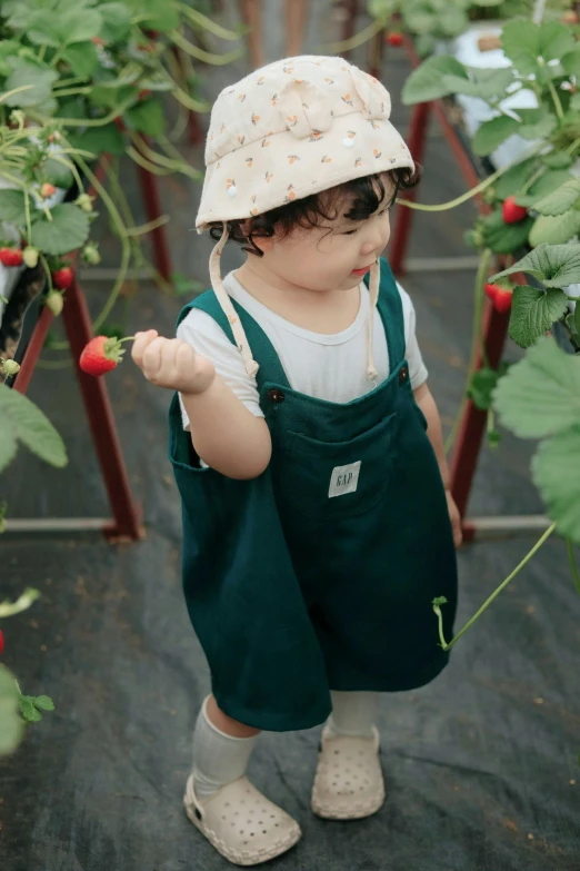 a child in overalls is holding a straw