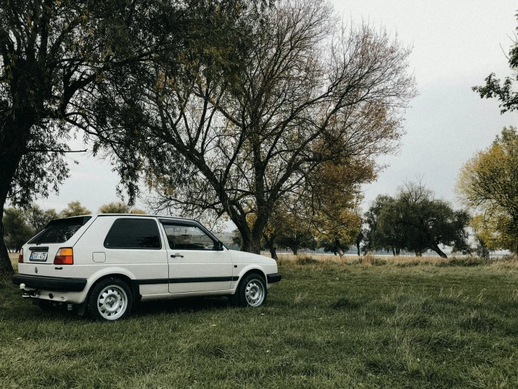 a car parked underneath the trees in a field