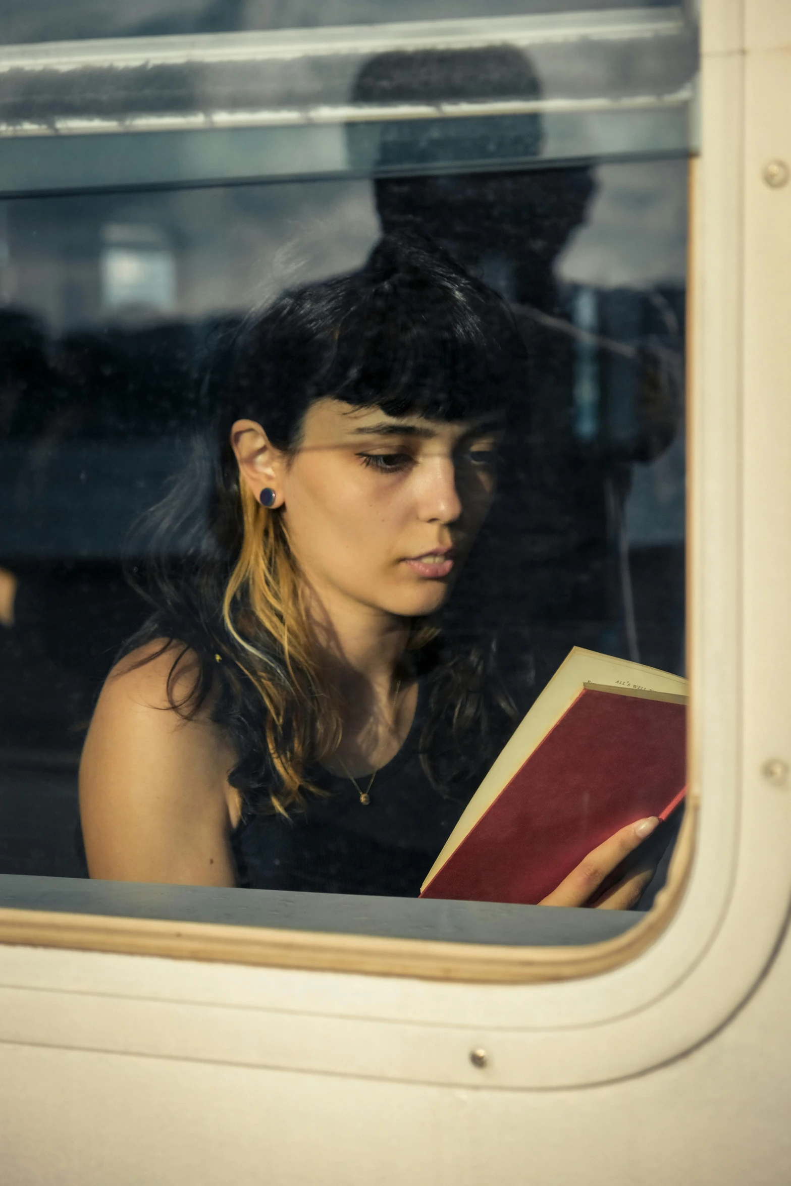 a  sitting in the window of a bus