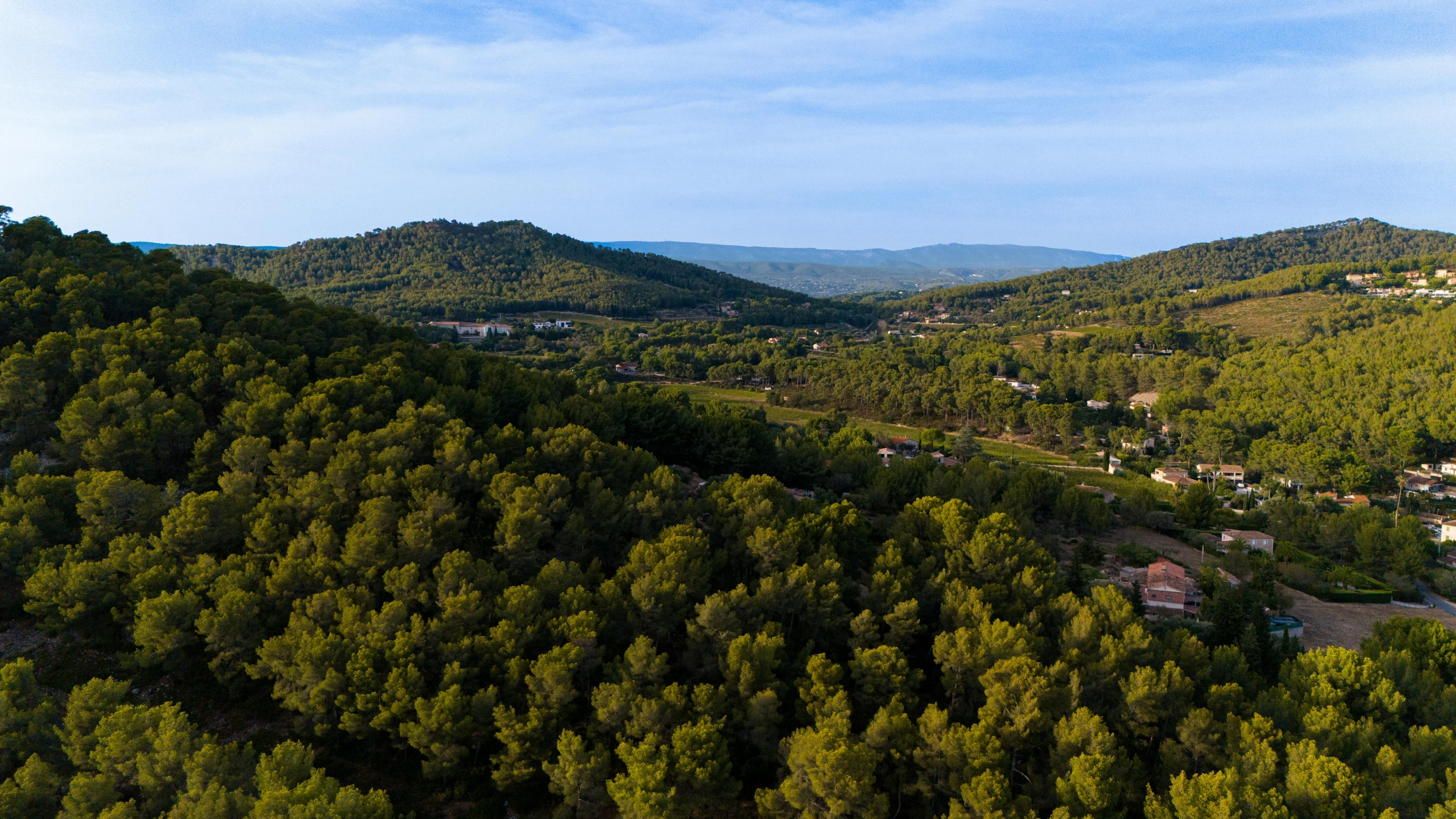 aerial view of green mountains and houses