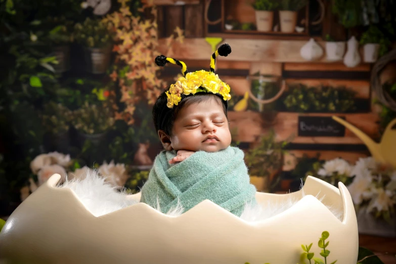 a baby with a flower crown wrapped up sleeping