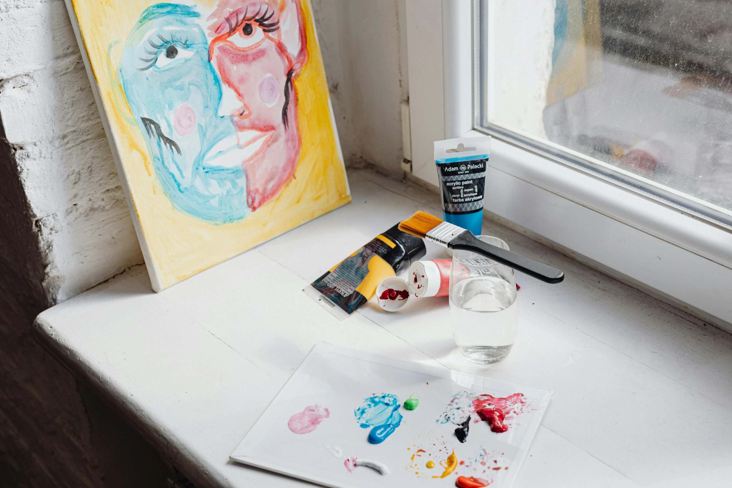 a window sill with paint and other items in it