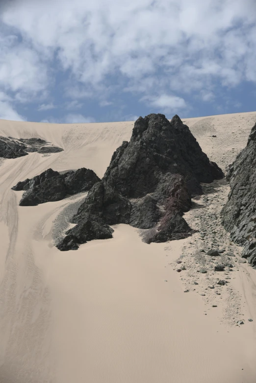 a sandy area with small rocks and sand dunes