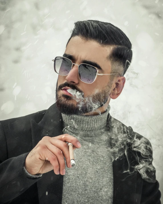 a man with smoke on his face and sunglasses smoking a cigarette