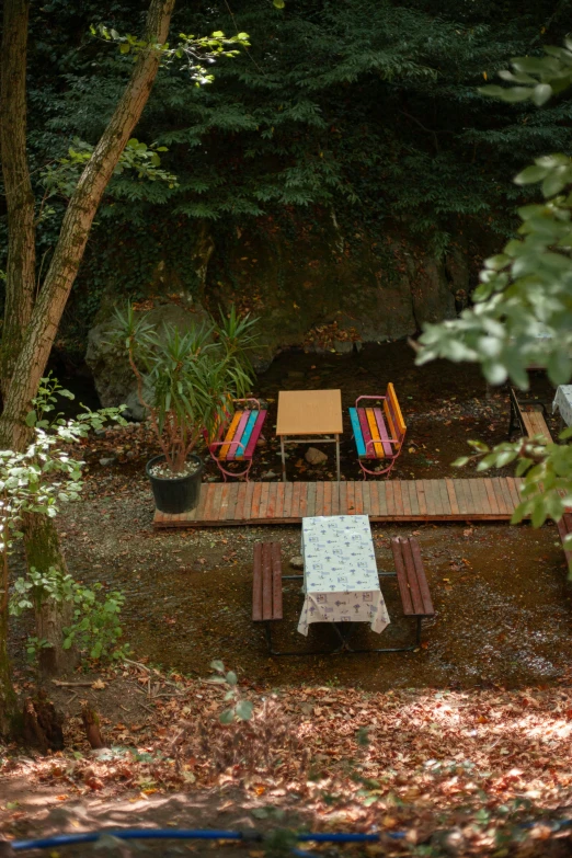 view of picnic tables in the woods from above