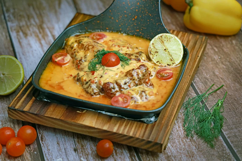 a plate of fish with tomatoes, limes and lemon wedges