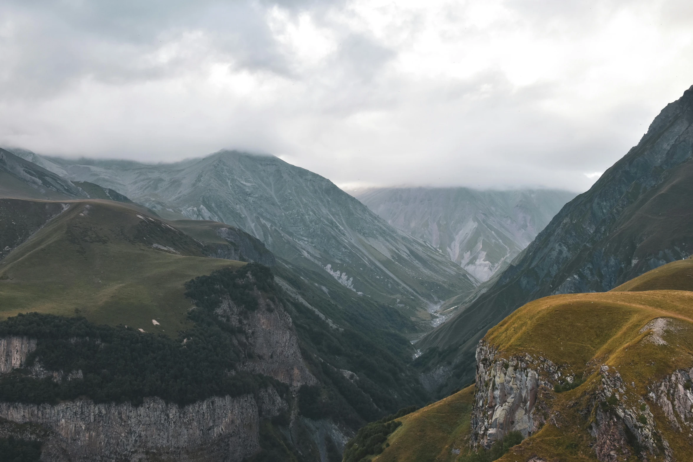 mountains are filled with green moss growing on them