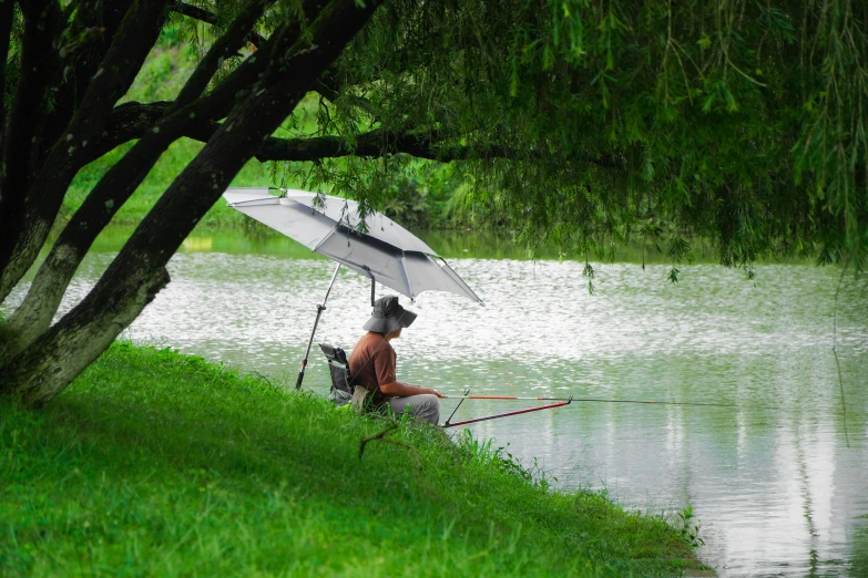 a person sitting under an umbrella in the water