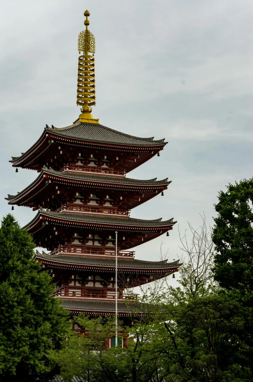 a tall pagoda stands next to trees