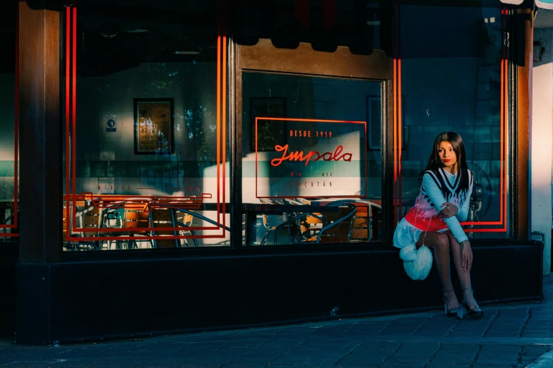 there is a woman sitting on a bench in front of a building