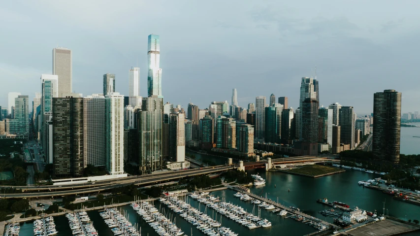 a large marina next to a city and a long bridge