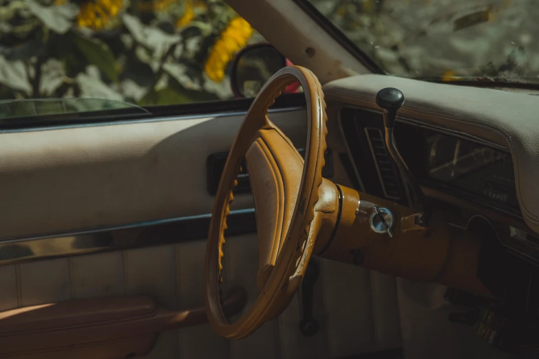 the interior of a car shows a steering wheel and tan interior