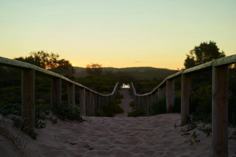 a view down a path leading to a beach