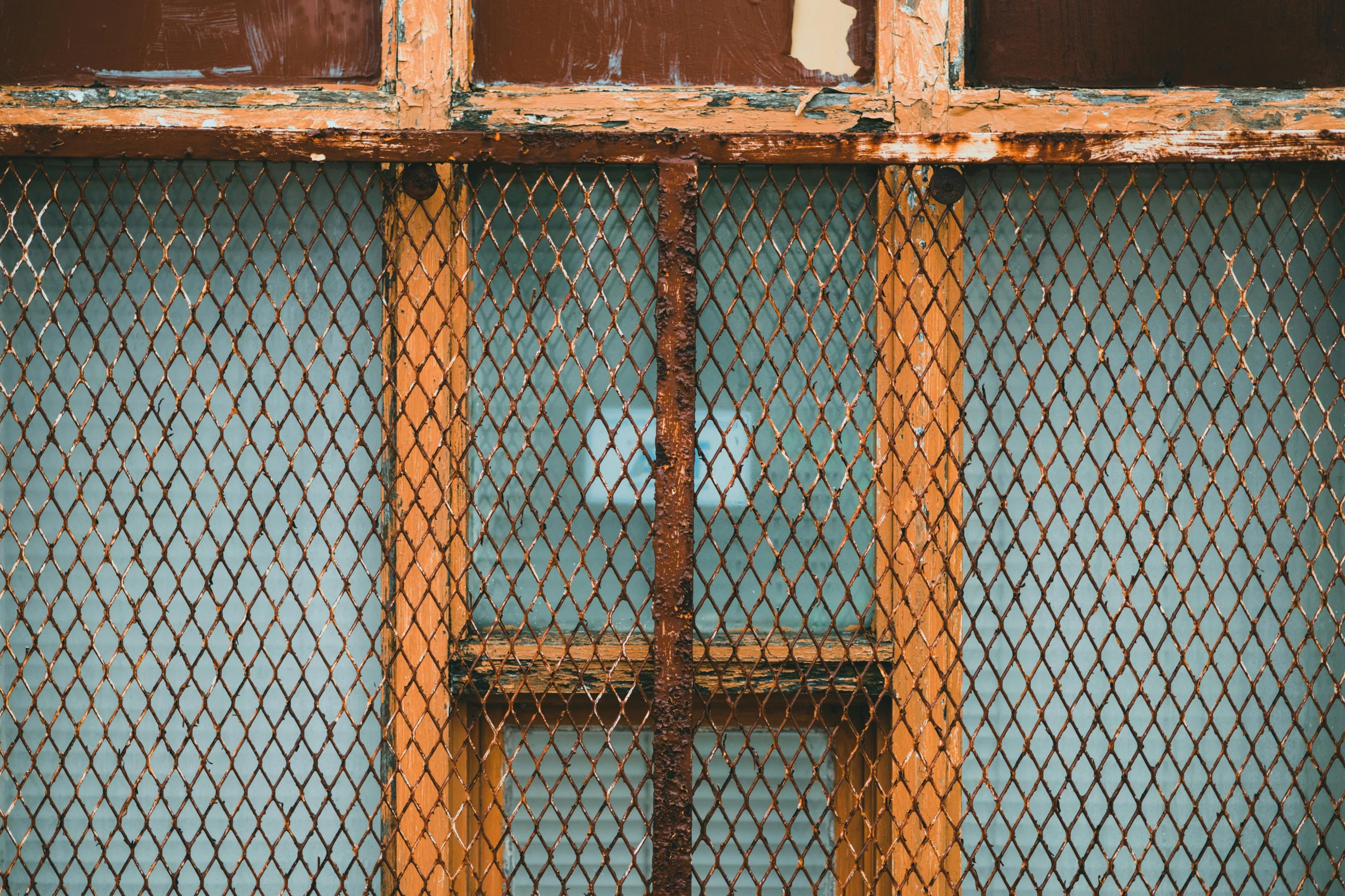 the large mesh wire door has rusty iron bars