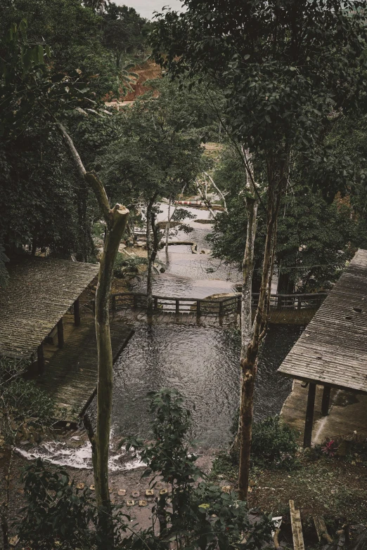 an aerial view of a village, surrounded by trees