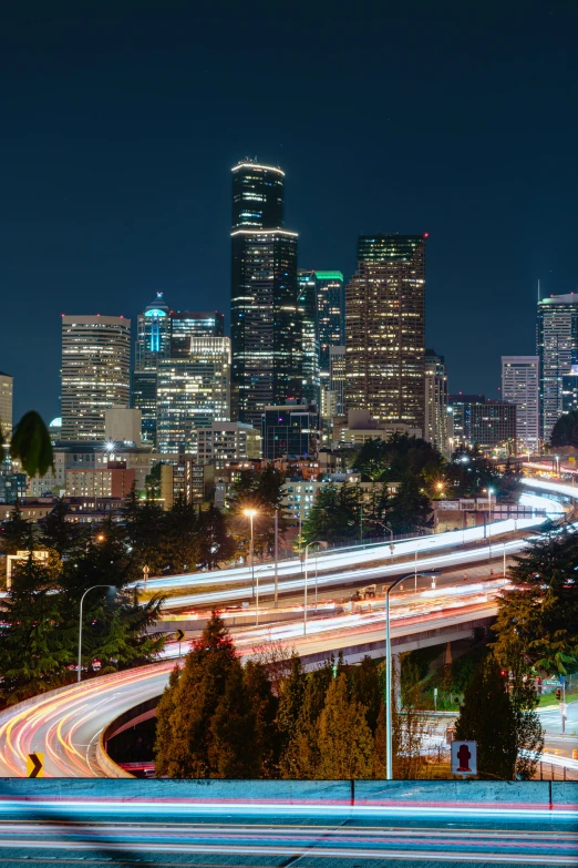 a city skyline at night and the traffic lights streaking past