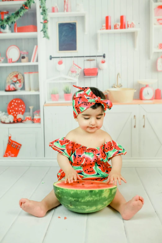 a  sitting on the floor in a watermelon bowl