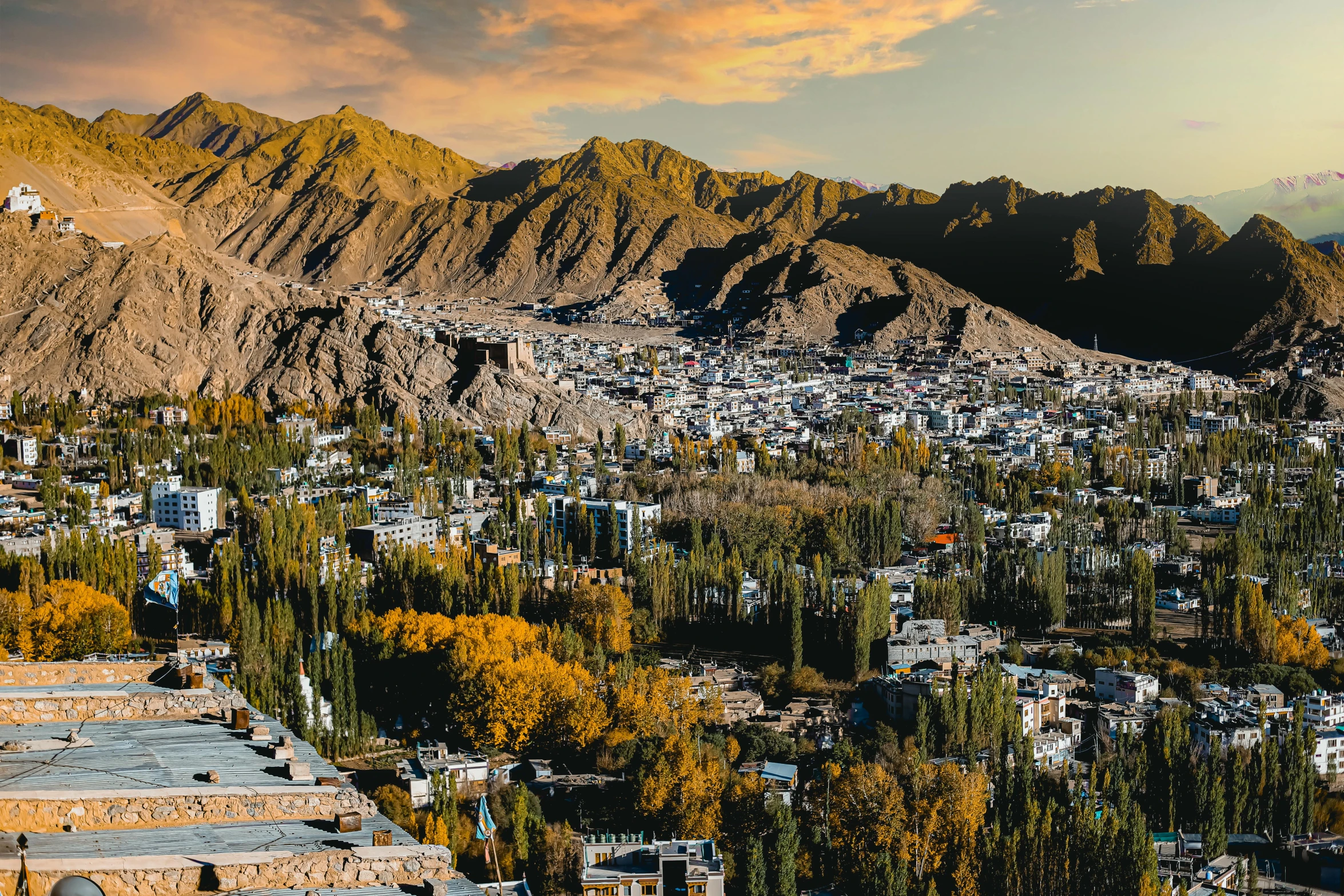 a city surrounded by mountains and trees