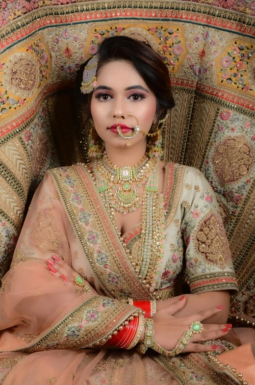 a woman wearing a traditional indian dress in a bridal outfit