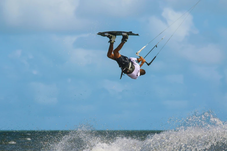 a man on water skis holding a parachute over the water