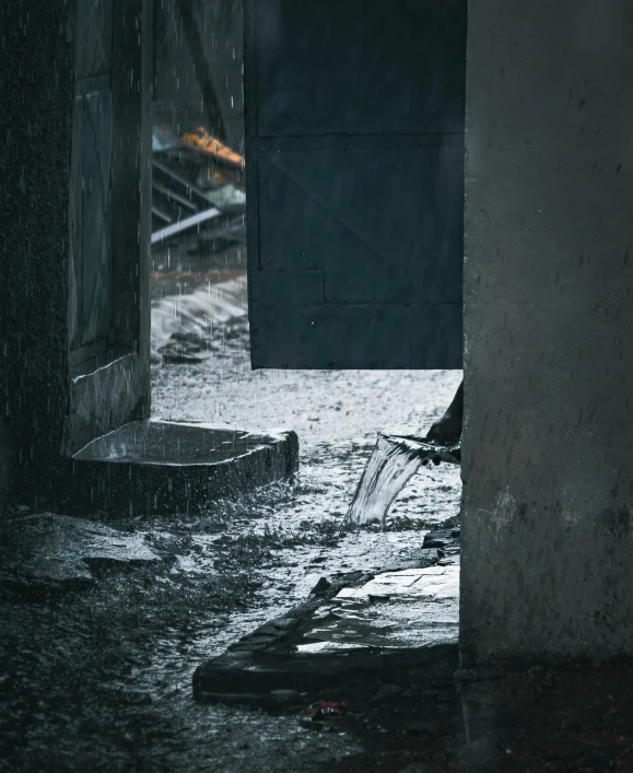 a woman sitting in a rain shower next to a doorway