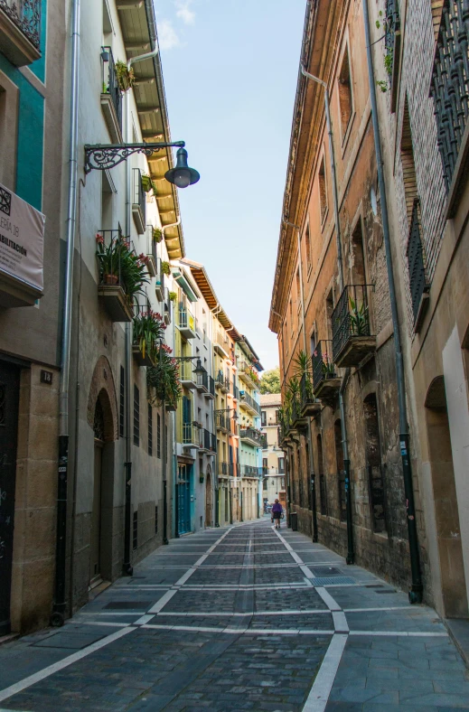 a narrow street with many buildings and one lane