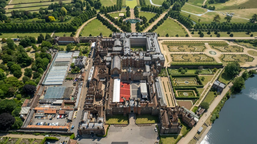 an aerial view of an old castle with lots of plants