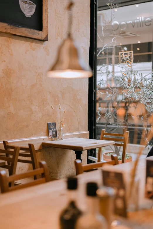 a group of wooden chairs sitting at a restaurant table