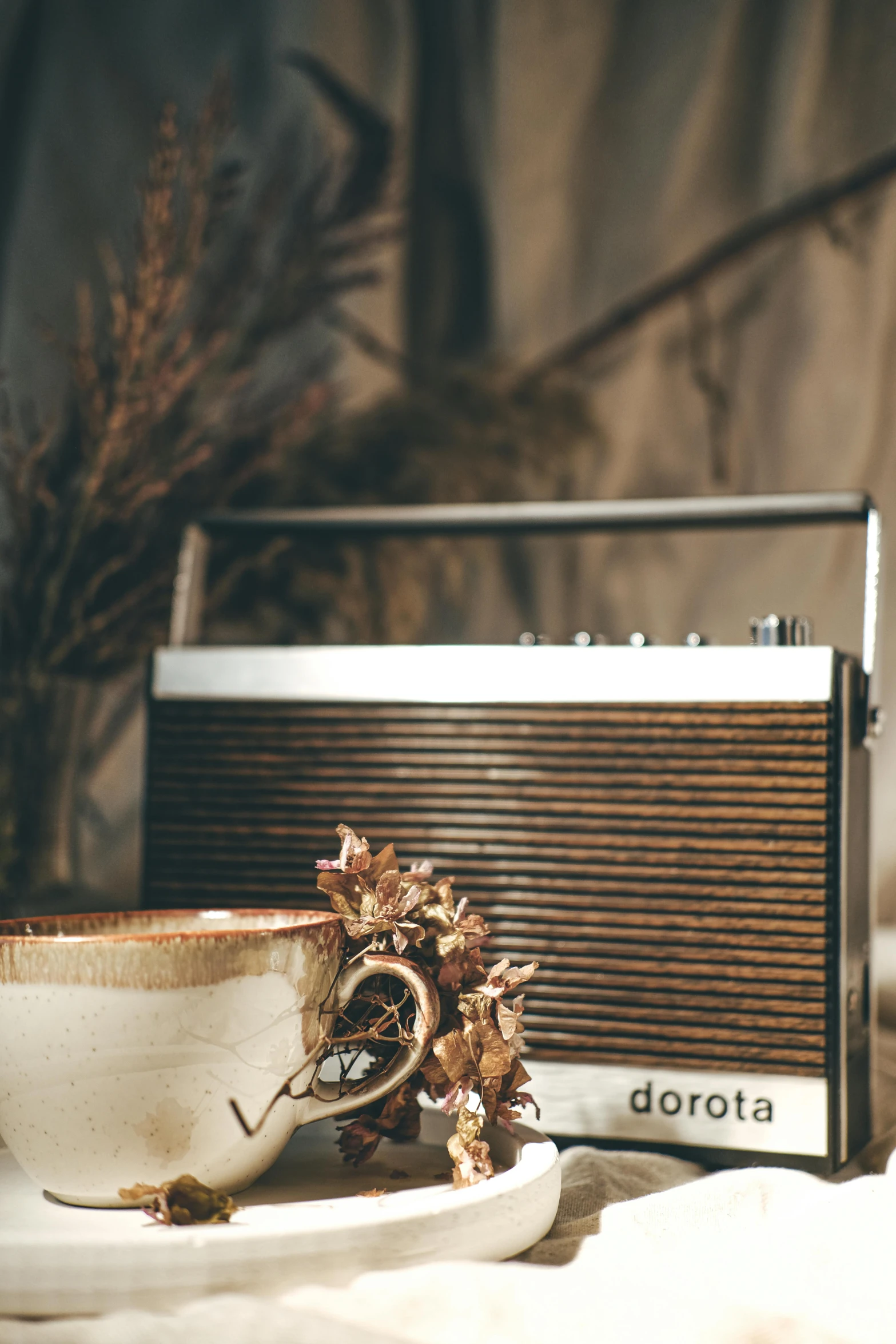 a brown and white bowl with a bow around it and a small radio beside it