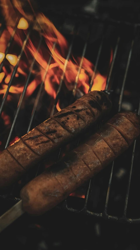 there is two sausages that are cooking on the grill