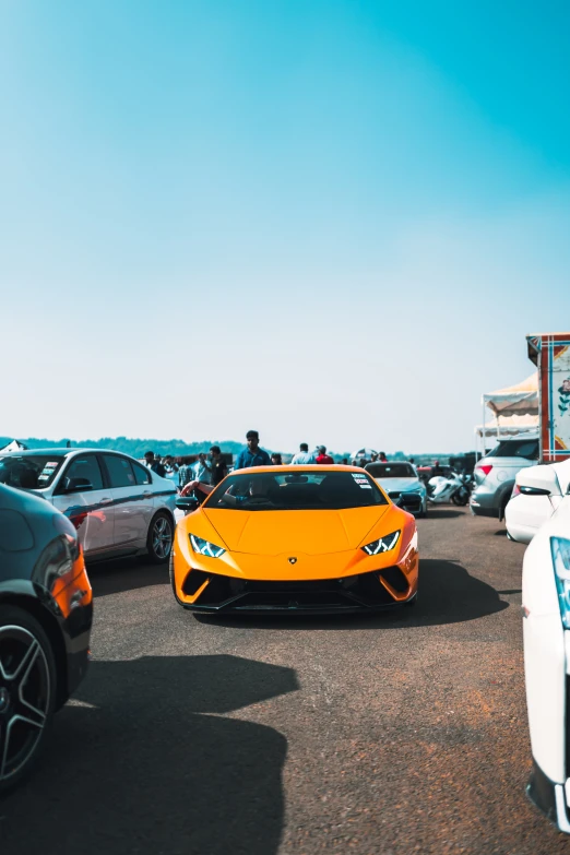 a lamb sports car parked next to other cars