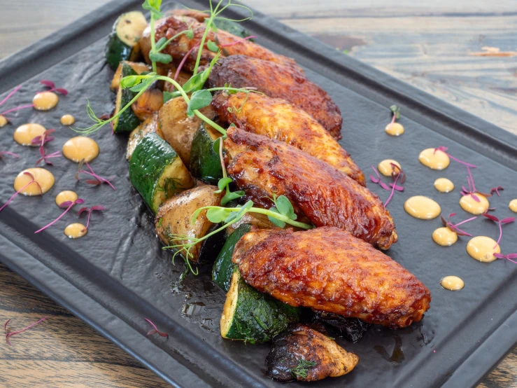 a tray with cooked food is displayed on it