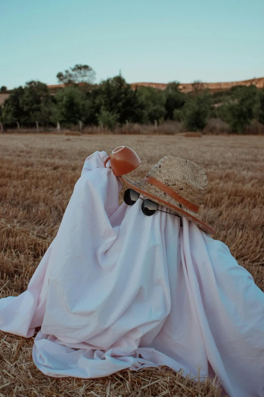 a person with a hat is wrapped up in the middle of a field