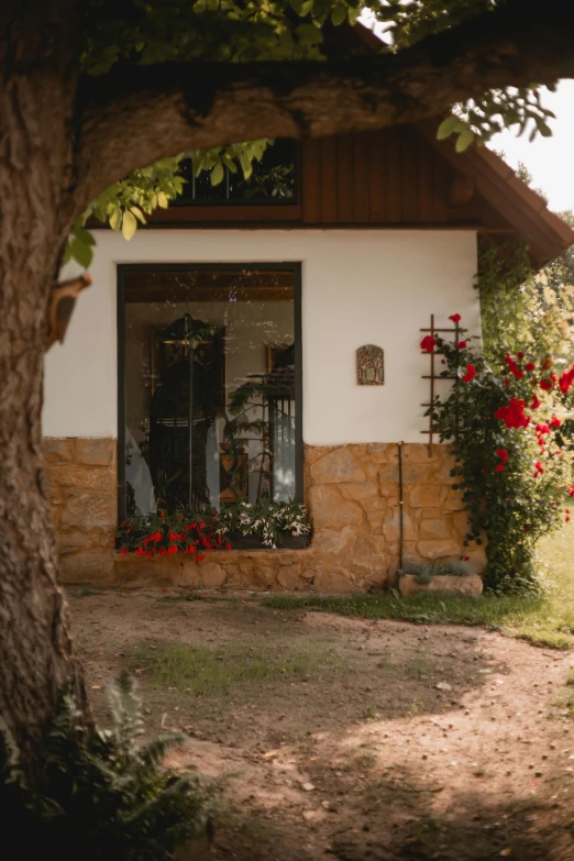 a house with flowers on the front and windows