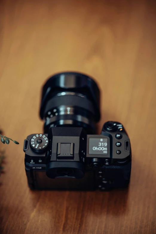 a camera sits on the table next to a plant